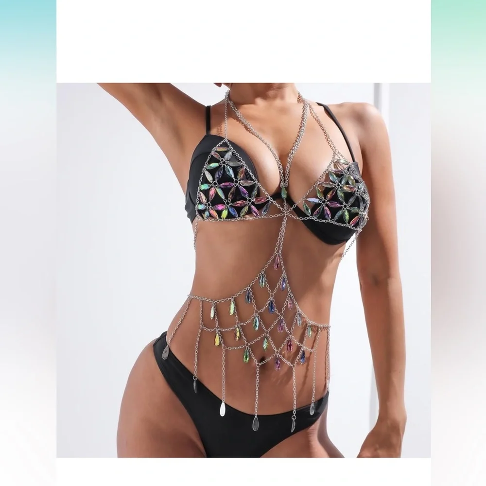 Rave crystal brought top body chain, harness swimwear, add-on